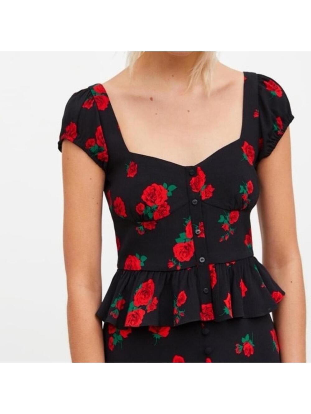 Zara Black Floral Crop Blouse